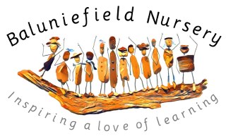 Baluniefield Nursery Logo. Wooden and stone figures standing on a twig