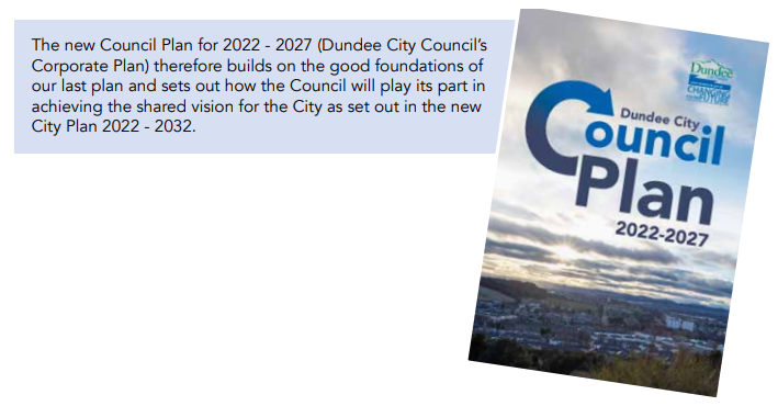 Council Plan 2022 - 2027 front cover, contains a photograph of Dundee City 